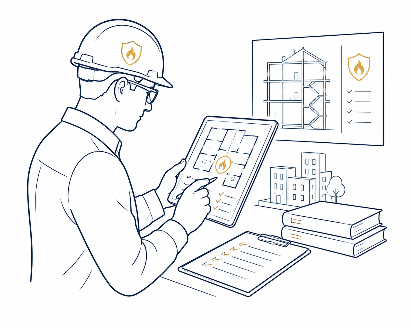 A fire safety inspector reviewing building safety records on site